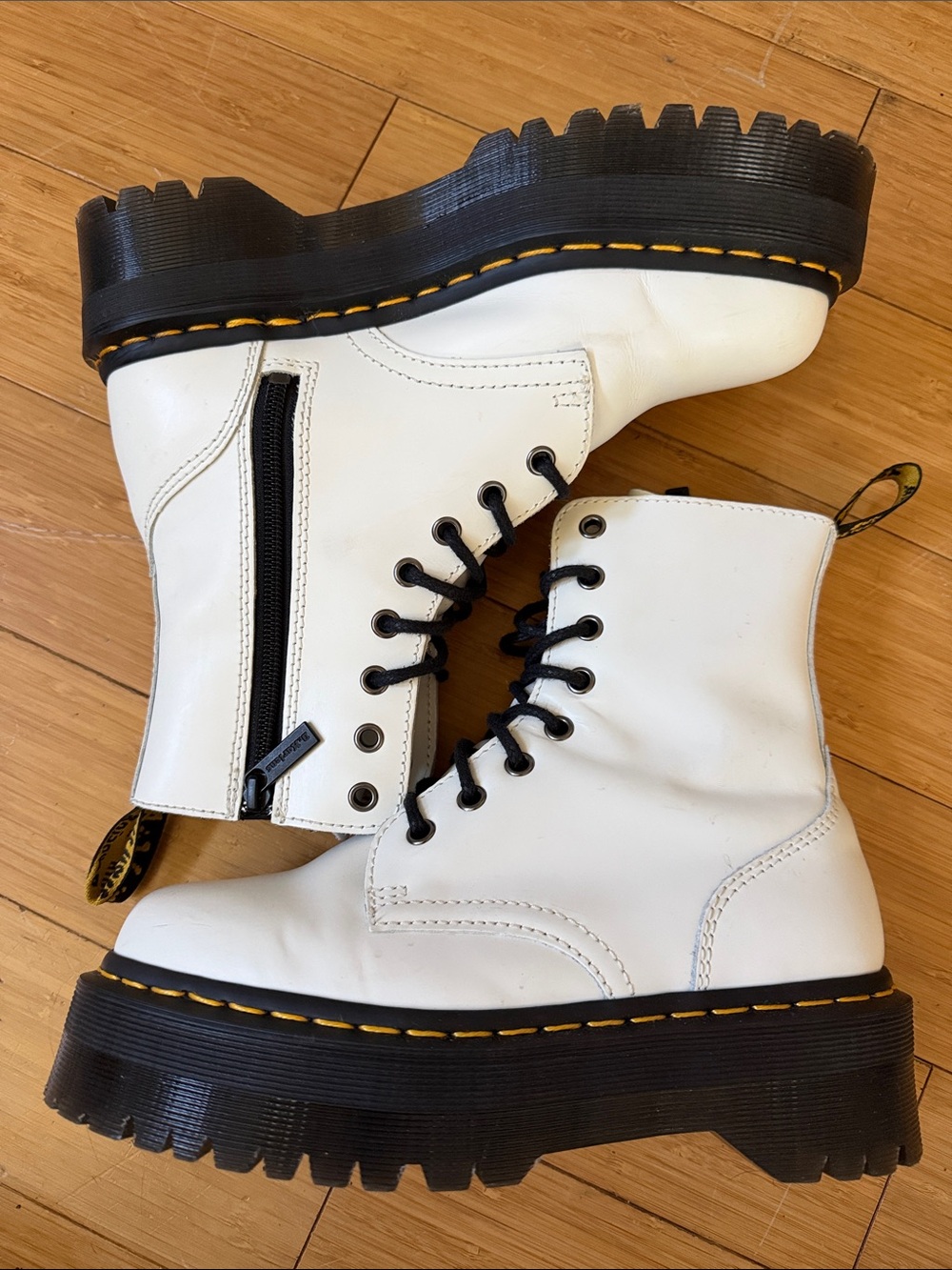 Dr. Martens White Leather Lug Sole Combat Boots with Black Sole